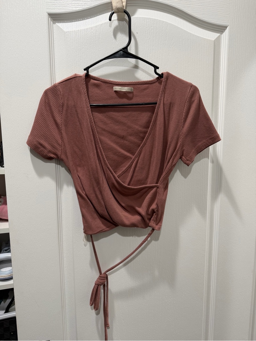 Ribbed Wrap Crop Top in Dusty Rose